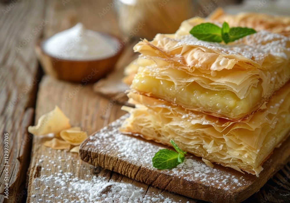 Greek bougatsa is a sweet pastry made with filo dough custard and semolina on a wooden table Greek bougatsa is a sweet pastry made with filo dough custard and semolina on a wooden table