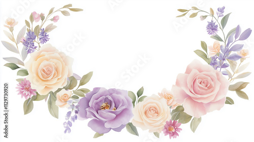 Watercolor floral frame with pink and purple roses in pastel shades, romantic