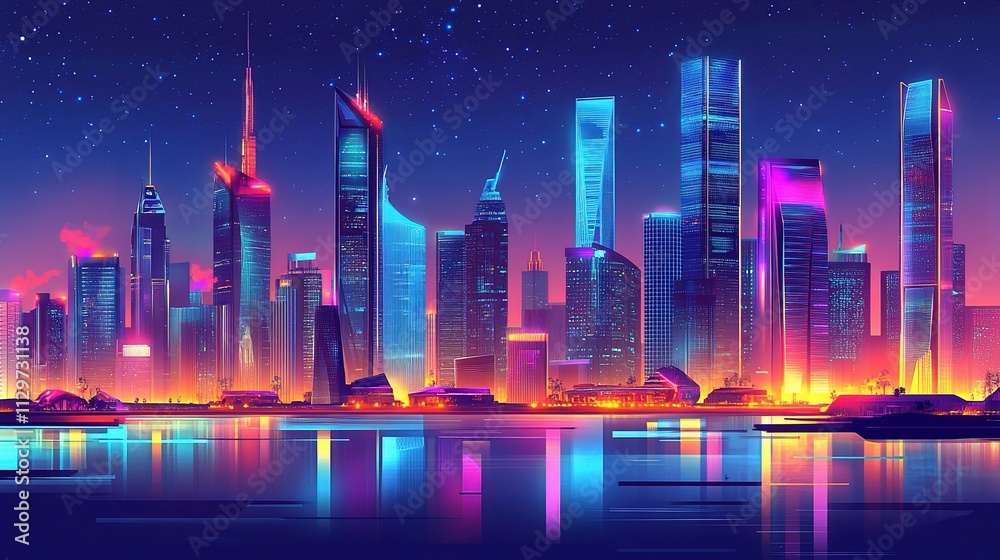 Vibrant Futuristic Cityscape at Night with Glowing Skyline and Reflections Vibrant Futuristic Cityscape at Night with Glowing Skyline and Reflections