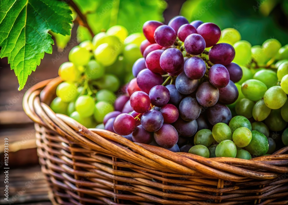 Macro lens captures juicy grapes nestled in a rustic rattan basket, a vibrant still life. Macro lens captures juicy grapes nestled in a rustic rattan basket, a vibrant still life.