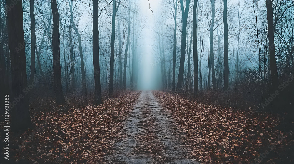 Misty forest path with leaf-covered ground. Misty forest path with leaf-covered ground.