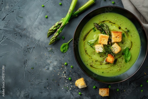 Green asparagus soup with croutons on gray stone top view