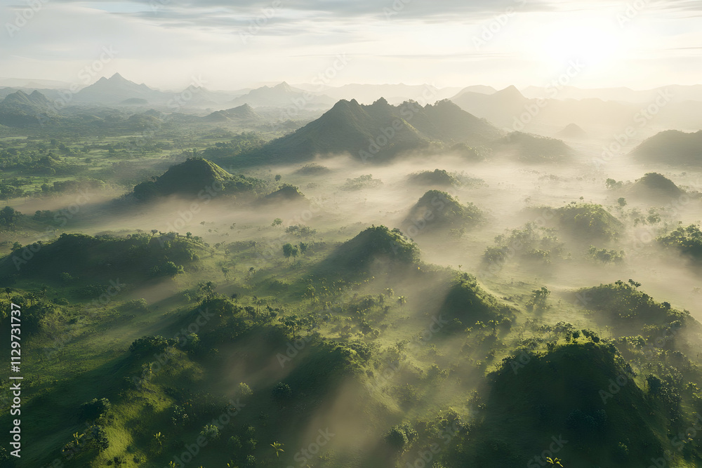 Misty morning sunrise over lush green rolling hills and mountains. Misty morning sunrise over lush green rolling hills and mountains.