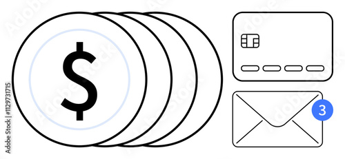 Coins, credit card, and an envelope with notification circle. Ideal for finance, banking, digital payments, budgeting, notifications transactions online shopping. Line metaphor