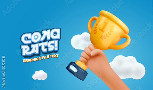 Champion cup in human hand 3d vector illustration. Win prize, first place sport competition design element. Isolated cartoon trophy cup on blue background. 3d text effect editable graphic style.