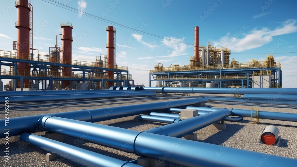 Industrial zone steel pipelines and cables in blue tones Industrial zone steel pipelines and cables in blue tones