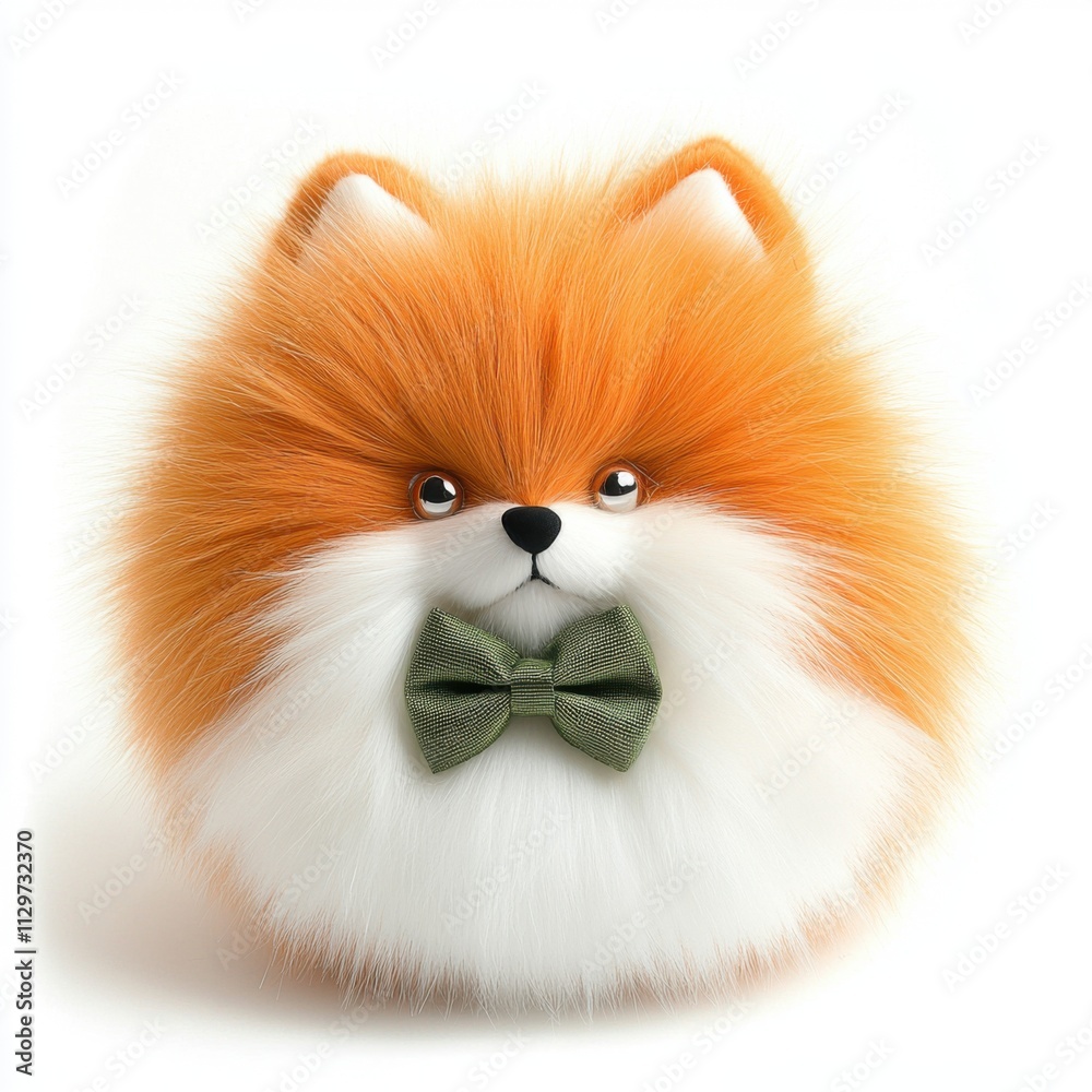 Fluffy orange and white pomeranian dog with a green bow tie, isolated on white background, AI Fluffy orange and white pomeranian dog with a green bow tie, isolated on white background, AI