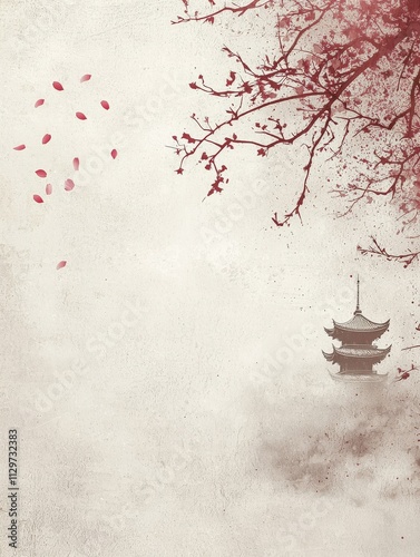 A minimalist traditional Chinese painting background with a light cream-colored texture, The upper left corner shows a few birds flying across the sky