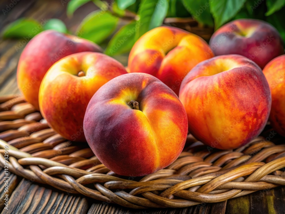 Macro view: succulent ripe peaches, bursting with juice, nestled in a wicker basket. Macro view: succulent ripe peaches, bursting with juice, nestled in a wicker basket.