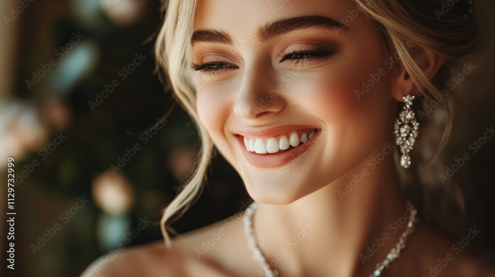 young beautiful bride with blonde hair smiles wearing sparkly necklace and earrings. young beautiful bride with blonde hair smiles wearing sparkly necklace and earrings.