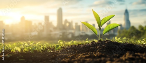 A green plant thriving in a field with a city skyline in the distance photo