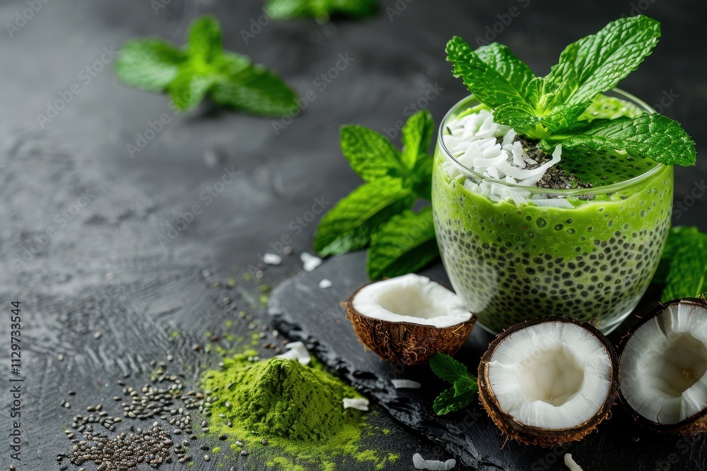 Green tea chia pudding with coconut and mint on slate a healthy breakfast option