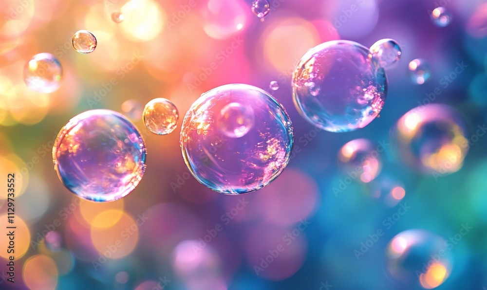 Colorful soap bubbles floating on a vibrant, blurred background. Colorful soap bubbles floating on a vibrant, blurred background.
