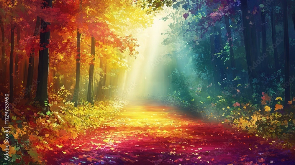Fototapeta premium Vibrant Autumn Landscape with Colorful Leaves and Light Rays