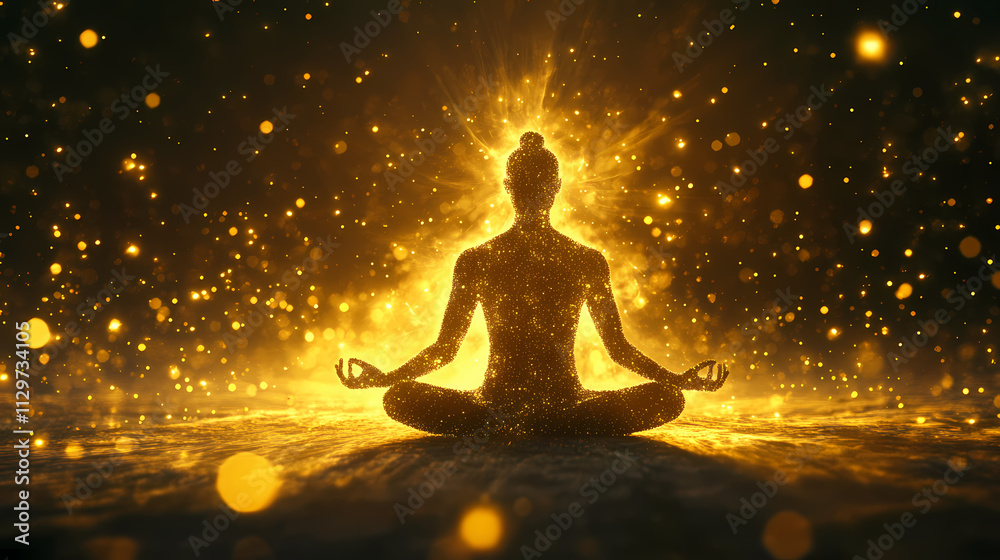 Silhouette of a meditating figure glowing with golden light surrounded by radiant energy particles symbolizing enlightenment spiritual power and balance in a surreal setting. Nirvana. Illustration Silhouette of a meditating figure glowing with golden light surrounded by radiant energy particles symbolizing enlightenment spiritual power and balance in a surreal setting. Nirvana. Illustration
