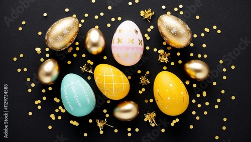 Stylish easter eggs on black with golden confetti