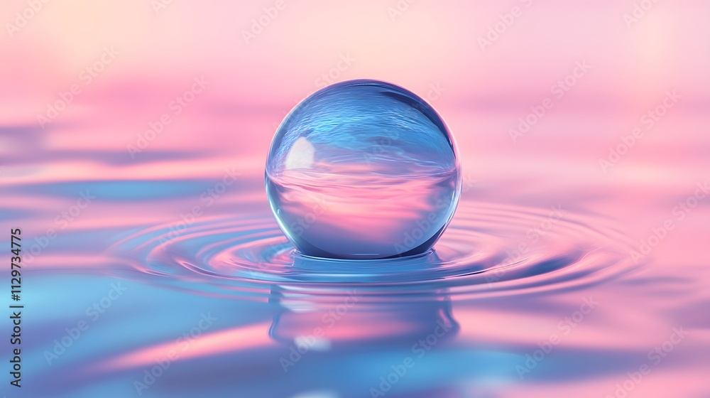 Glass Orb Reflecting Pastel Sky On Water Surface Glass Orb Reflecting Pastel Sky On Water Surface