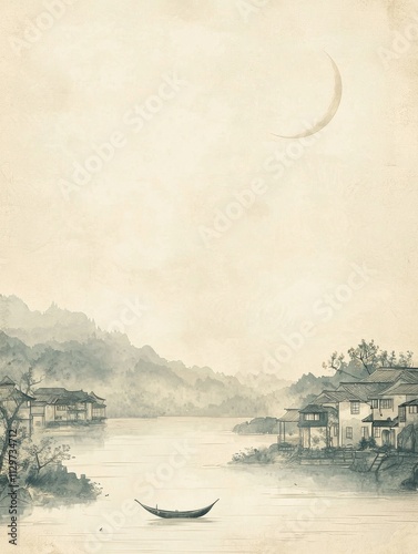 A refined Chinese painting background with a soft cream-colored texture, The top part shows a crescent moon above a quiet village