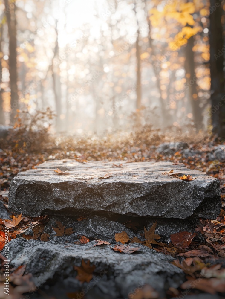 A rough stone platform in a sunlit forest, surrounded by fallen leaves A rough stone platform in a sunlit forest, surrounded by fallen leaves