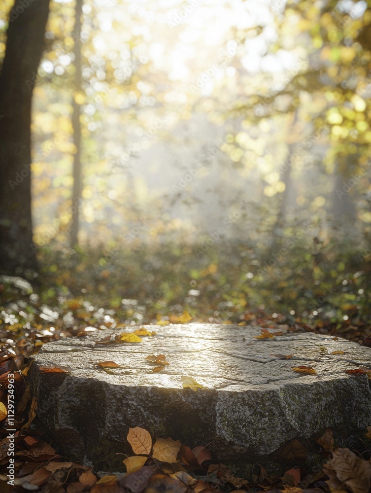 A rough stone platform in a sunlit forest, surrounded by fallen leaves A rough stone platform in a sunlit forest, surrounded by fallen leaves