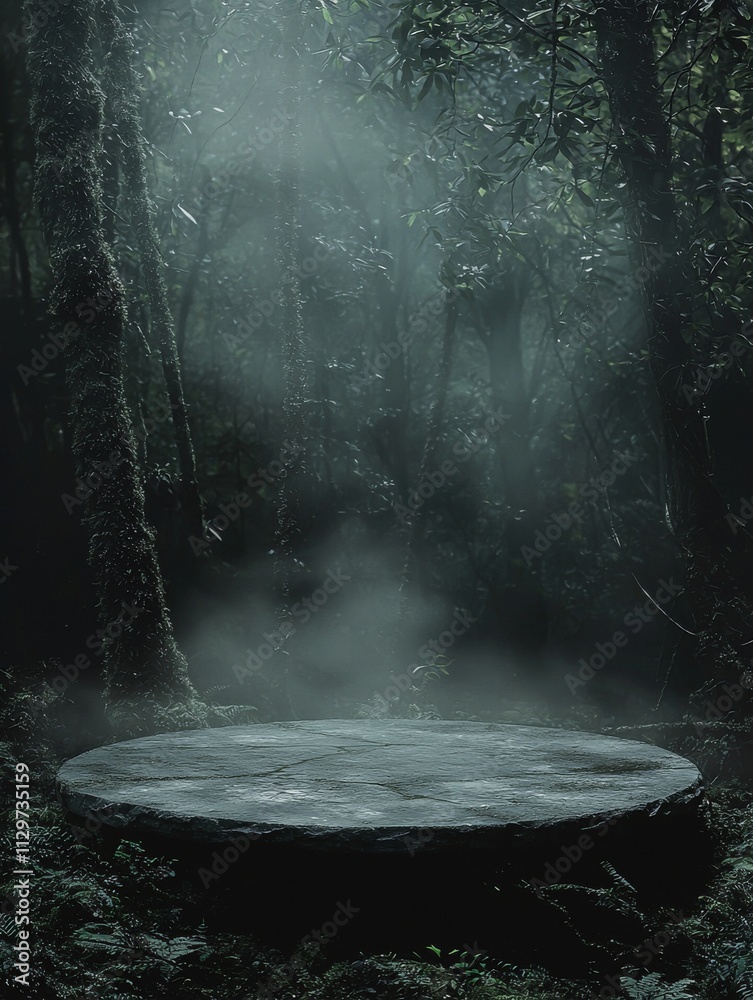 A round stone platform covered in a fine layer of mist, placed in a dense A round stone platform covered in a fine layer of mist, placed in a dense