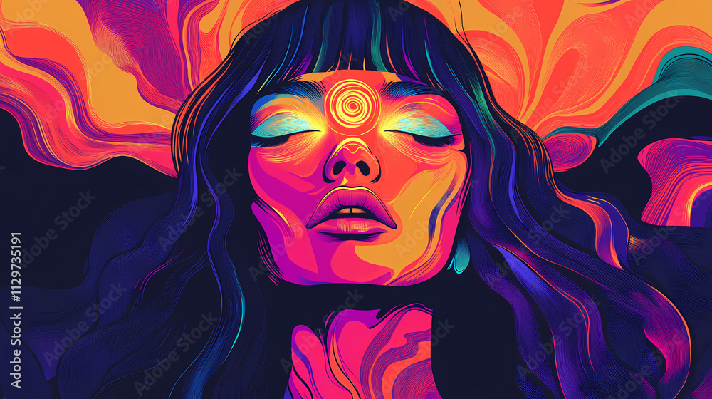 Woman with glowing third eye and ethereal colors, ai generated. Nirvana. Illustration Woman with glowing third eye and ethereal colors, ai generated. Nirvana. Illustration