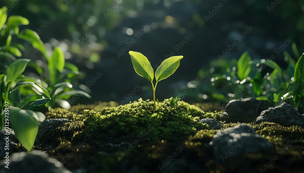 Closeup of a small green plant sprouting from mosscovered ground Closeup of a small green plant sprouting from mosscovered ground