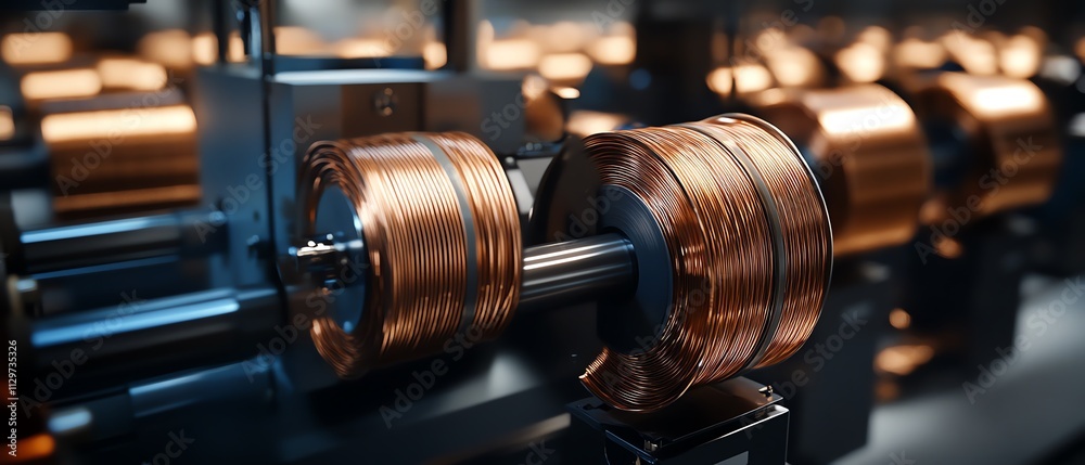 Closeup of copper wire spools on automated machines in an industrial electric motor winding section Closeup of copper wire spools on automated machines in an industrial electric motor winding section