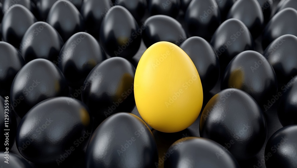 Yellow easter egg among black eggs 3d rendering Yellow easter egg among black eggs 3d rendering