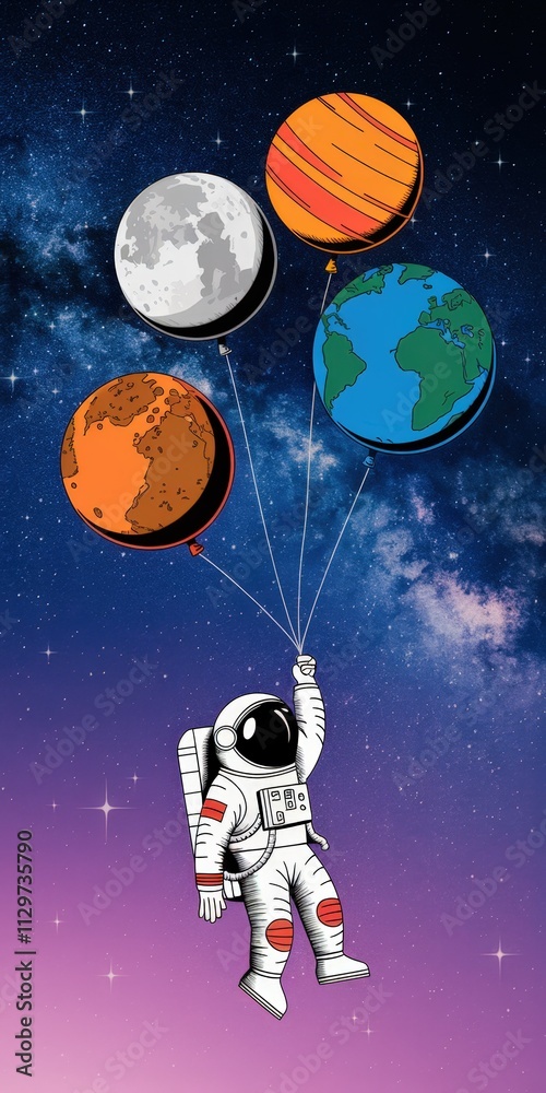 Naklejka premium Astronaut holding colorful planet balloons in a cosmic scene