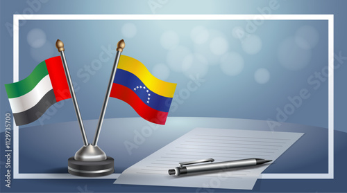 United Arab Emirate and Venezuela National flags on small table with bokeh background, cooperative relationship