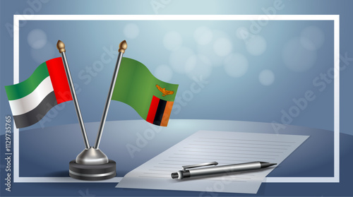 United Arab Emirate and Zambia National flags on small table with bokeh background, cooperative relationship