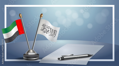 United Arab Emirate and Afghanistan National flags on small table with bokeh background, cooperative relationship