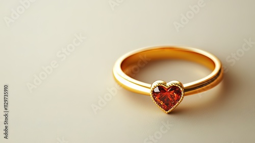 Close-up of a gold ring with a heart-shaped red gemstone.