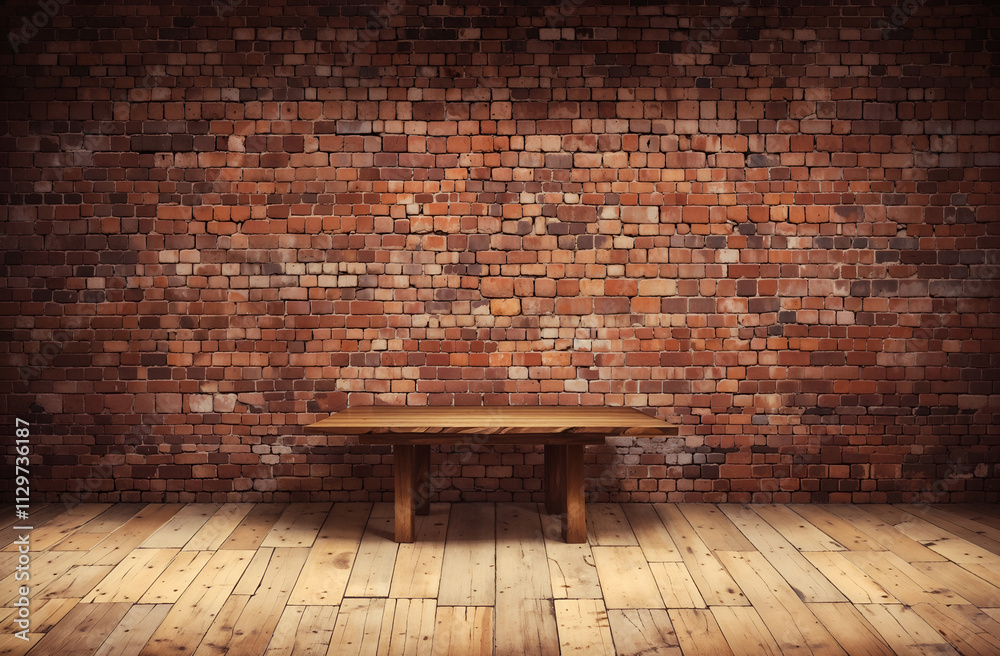 Rustic wooden table against a brick wall backdrop, suitable for vintage, rustic, or industrial-themed designs. Generative AI Rustic wooden table against a brick wall backdrop, suitable for vintage, rustic, or industrial-themed designs. Generative AI