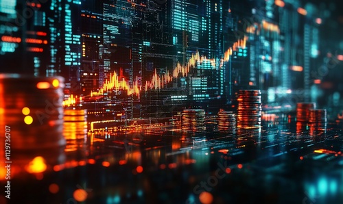 Wallpaper Mural Stacks of coins with rising graph and digital code background. Torontodigital.ca