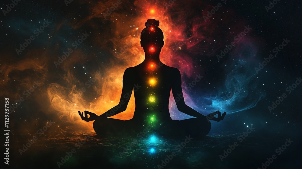 Silhouette of a woman in lotus position with colorful chakra energy points against a cosmic background. Silhouette of a woman in lotus position with colorful chakra energy points against a cosmic background.