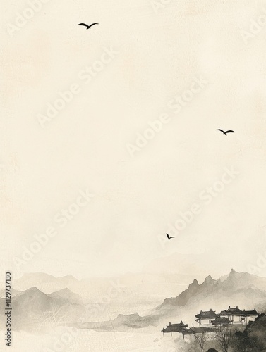 A serene Chinese painting background with a light cream-colored texture, The top features a few birds flying across the sky