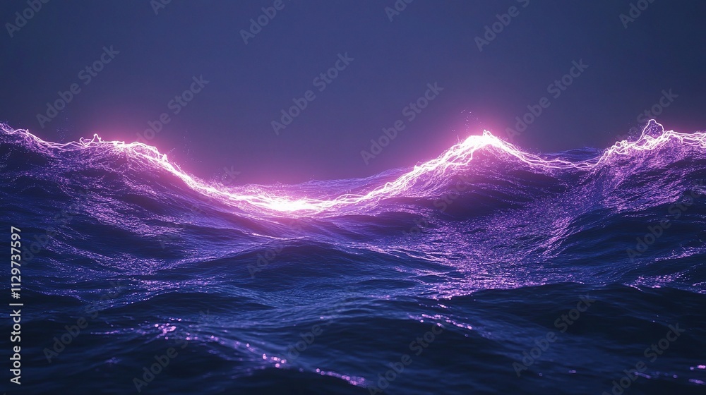 Fototapeta premium Glowing Neon Wave of Light in Abstract Ocean Scene at Night