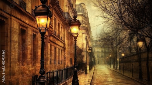 Atmospheric Parisian street scene at dusk, with glowing lampposts and old buildings.