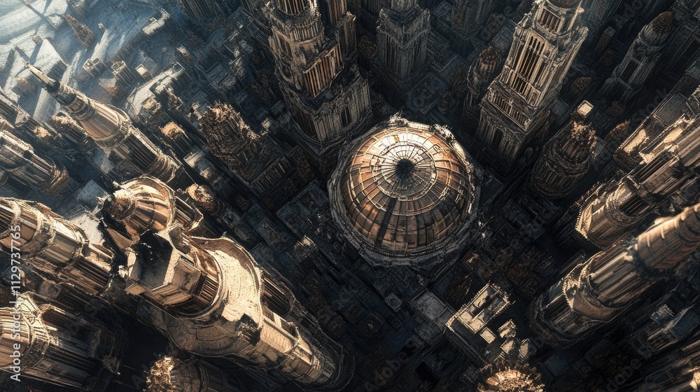 High-angle view of a futuristic city with intricate architecture and a large dome.