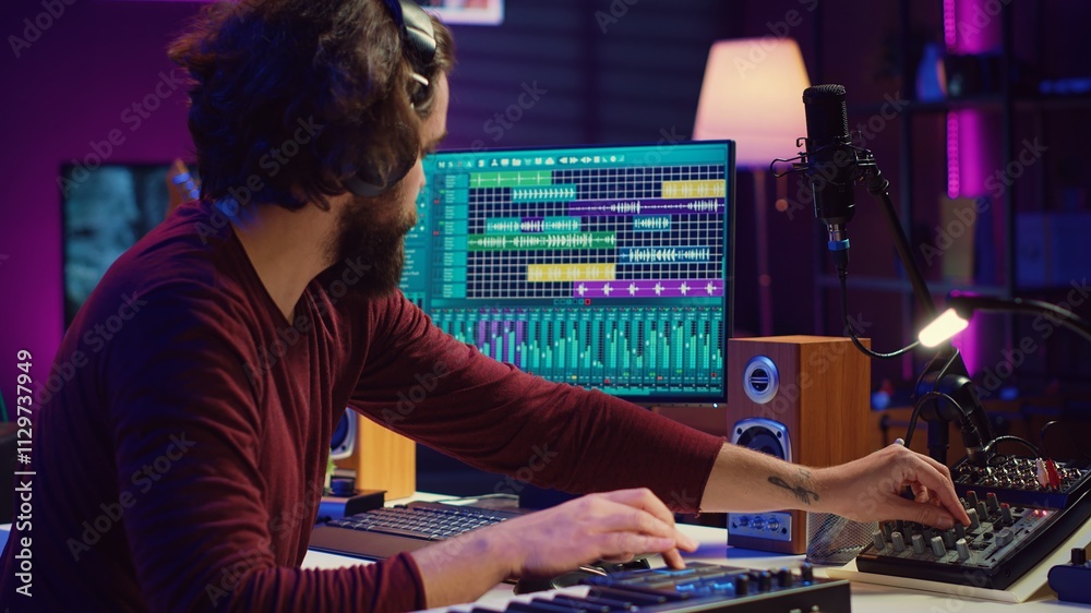 Fototapeta premium Sound engineer operates recording equipment and oversees audio performances to ensure the perfect notes. Musician composer producing sounds with MIDI controller and mixing console. Camera A.