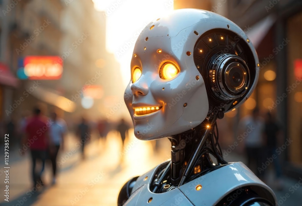 Robot with glowing features interacts with passersby in a bustling urban street at sunset Robot with glowing features interacts with passersby in a bustling urban street at sunset