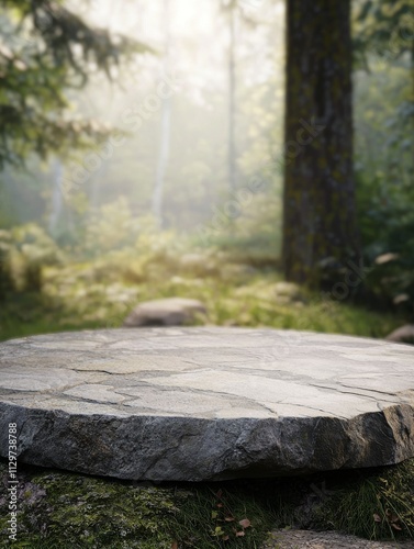 A smooth stone platform with natural veins, placed in a misty forest at dawn photo