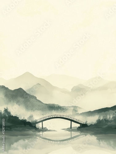 A soft Chinese ink wash background with a light cream-colored texture, The top part shows a distant mountain range shrouded in mist