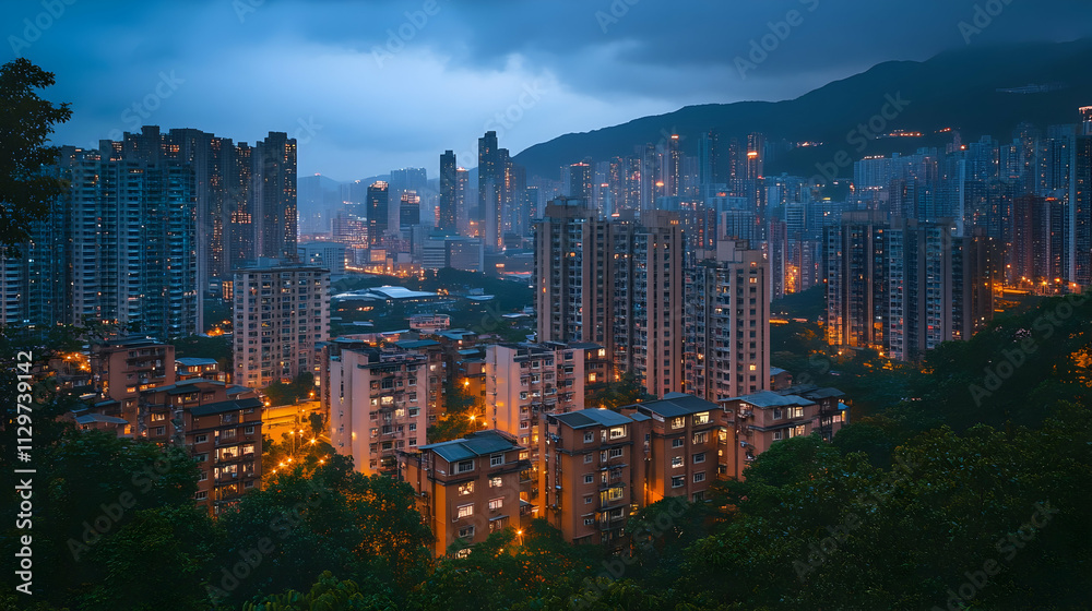 Obraz premium Night cityscape view of high-rise buildings and mountains.