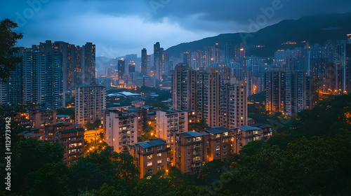 Night cityscape view of high-rise buildings and mountains.