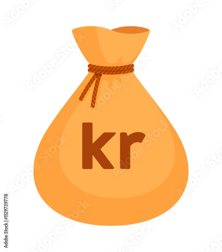 Beige money bag with Swedish (SEK), Norwegian (NOK), Danish krone (DKK). Economy, finance, wealth, profit, income, banking, kr currency concept. Flat vector illustration isolated on a white background