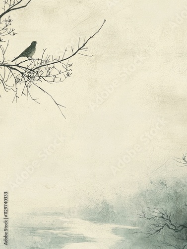 A tranquil traditional Chinese painting background with soft cream-colored texture, The top left shows a lone bird perched on a branch