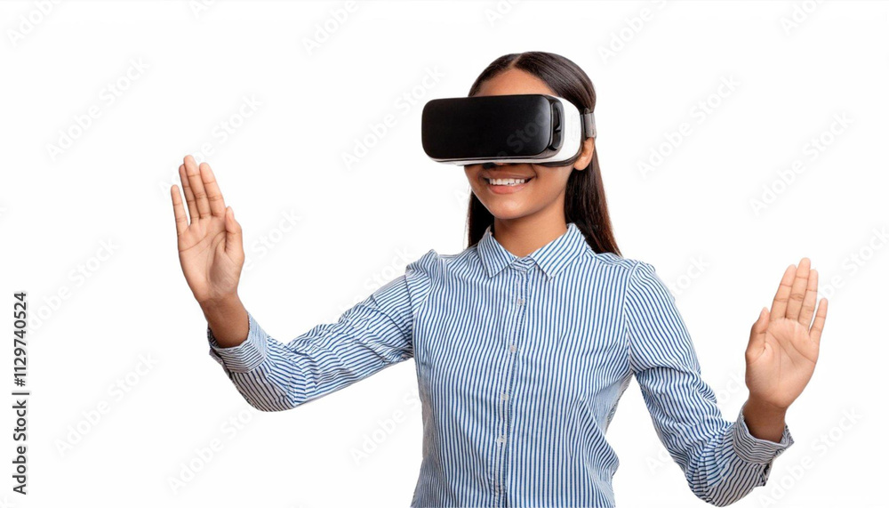 Immersive Experience: A young woman embraces the wonders of virtual reality, her smile reflecting the joy of exploration and discovery as she interacts with the digital world. Immersive Experience: A young woman embraces the wonders of virtual reality, her smile reflecting the joy of exploration and discovery as she interacts with the digital world.